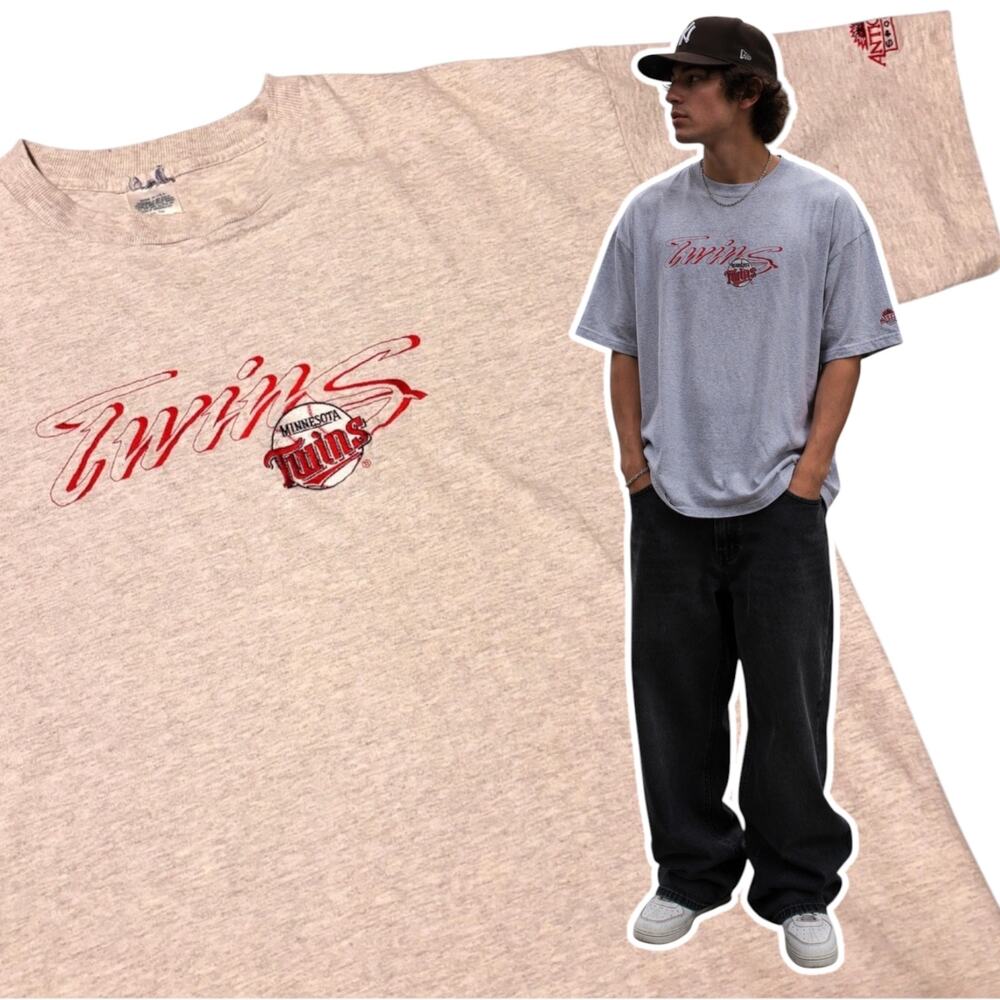 Vtg Minnesota Twins Embroidered T-Shirt XL Antigua Sport Gray Cotton Tee USA MLB